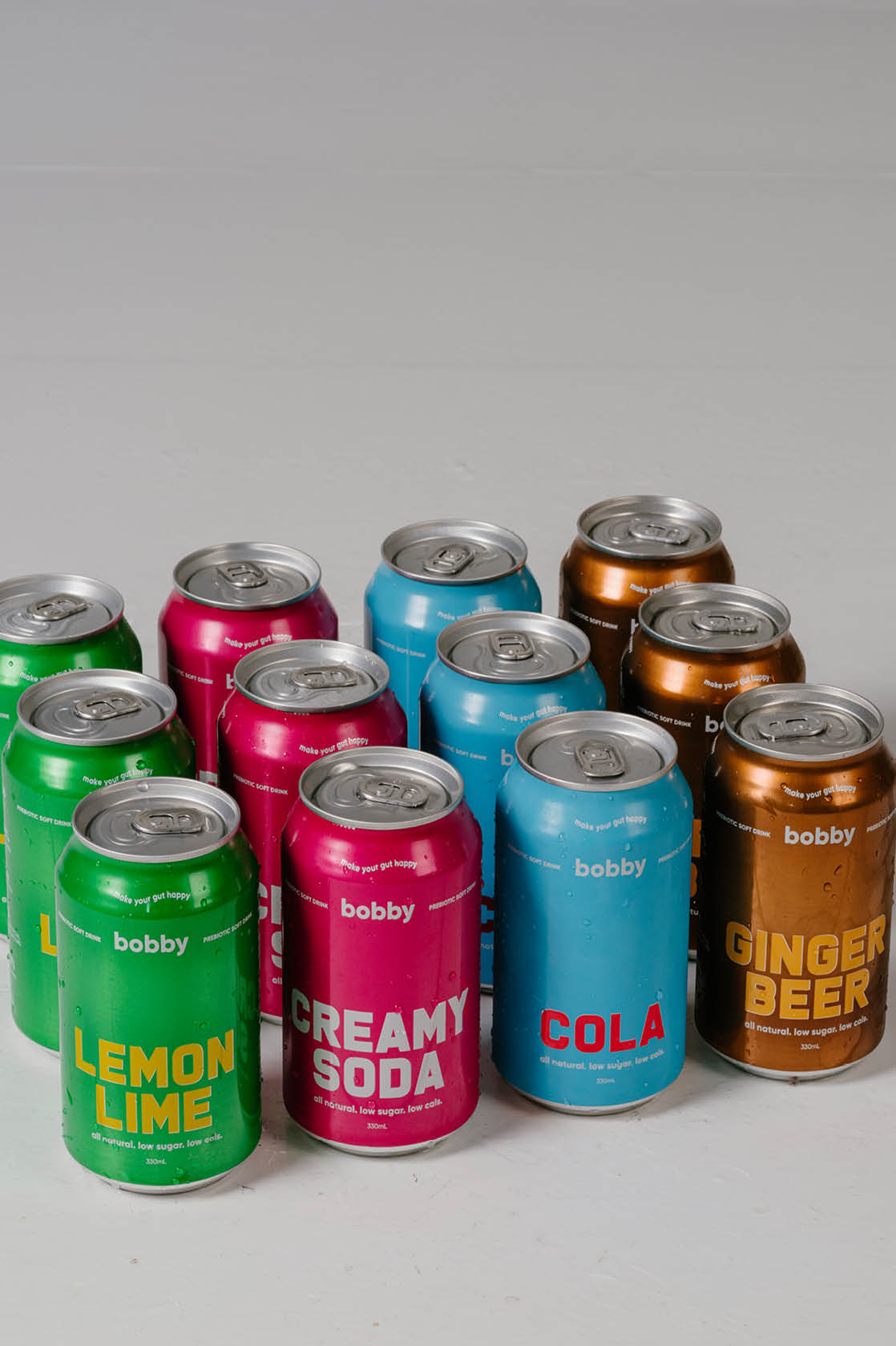 Bobby mixed packs which contain our best-sellers; cola, creamy soda, lemon lime and ginger beer.   Australian-made soft drinks, a better-for-you alternative to Coca Cola, Kirks and Sprite that is low in calories and sugar, vegan filled with prebiotics to aid in gut digestion.