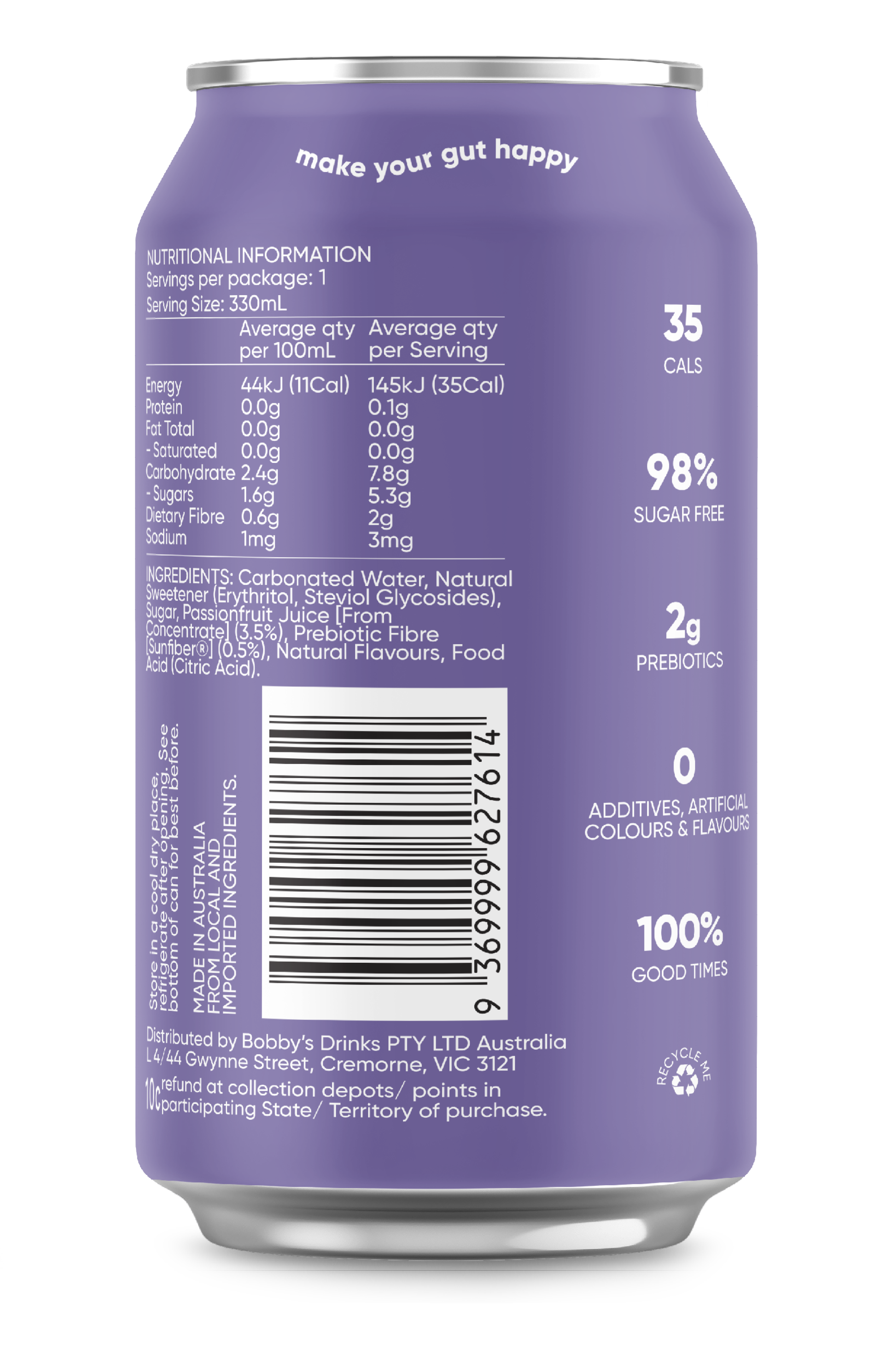 Australian-made passionfruit soft drink, a better-for-you alternative to Kirks Pasito and Passiona that is low in calories and sugar filled with prebiotics to aid in gut digestion.